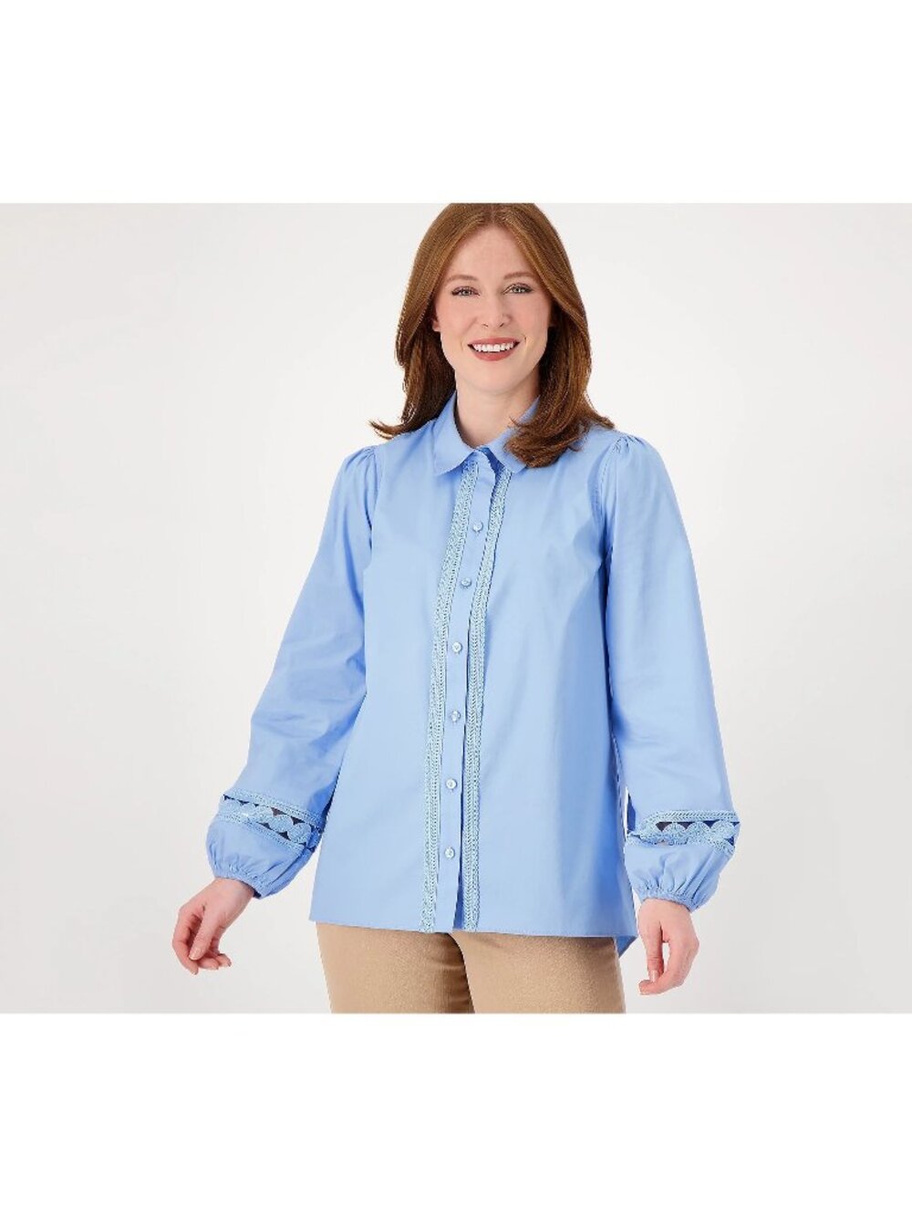 Isaac Mizrahi Live Top Size 2 Regular Stretch Poplin Tunic Circle Lace Blue NEW